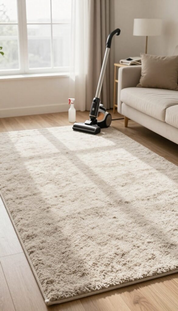 Cozy living room with a vacuum cleaner and rug cleaning supplies by a sunlit window, emphasizing regular rug maintenance.