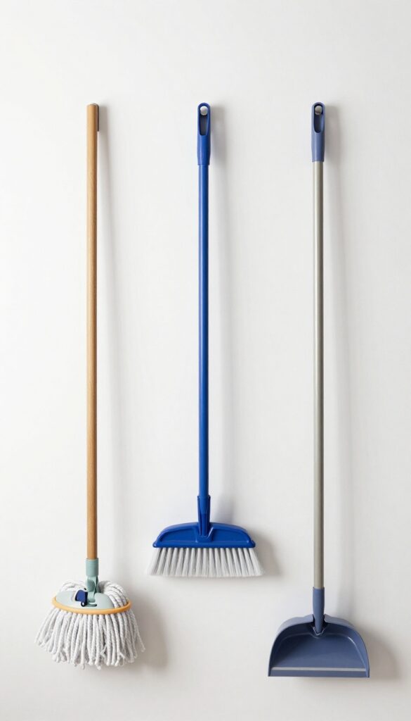 Mops and brooms stored vertically with gripper clips on a wall in a clean closet