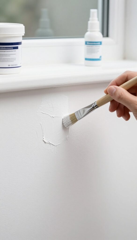 Close-up of a hand using a fine brush to dab paint into a deep scratch on a white wall, with paint container and spray bottle nearby.