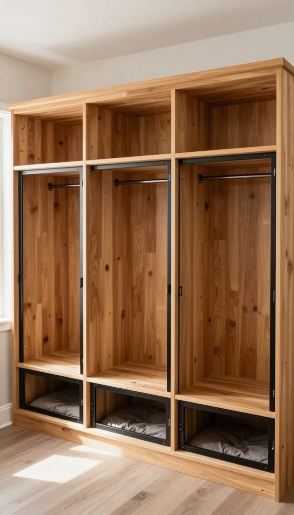 Custom built-in kennel wall with three wooden crates, black metal doors, and cozy bedding in a bright mudroom