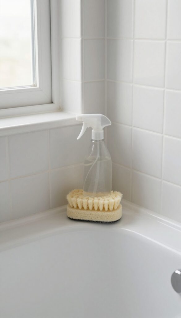 Clean shower grout with cleaning tools in bright natural light