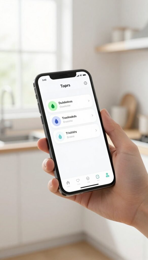 Smartphone displaying a cleaning app with a traffic-light task system in a bright kitchen