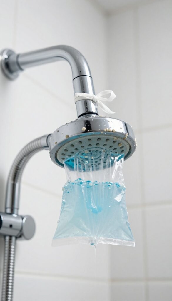 Shower head soaking in a plastic bag filled with CLR descaling solution to remove stubborn limescale and mineral deposits.