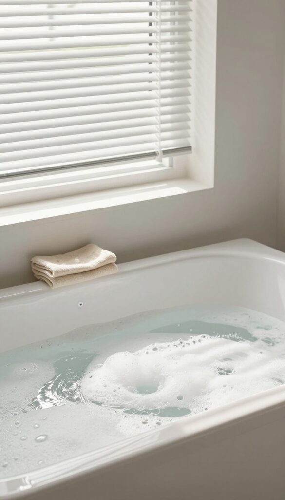 Mini blinds soaking in a bathtub with soapy water, cleaning supplies nearby