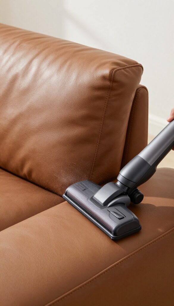 Vacuuming the crevice of a leather couch with a crevice tool to remove dust and debris from seams.