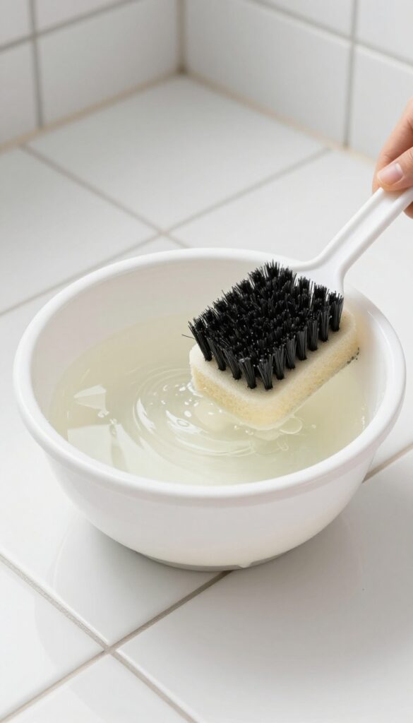 Borax and water solution in a bowl with a sponge and brush on bathroom tiles