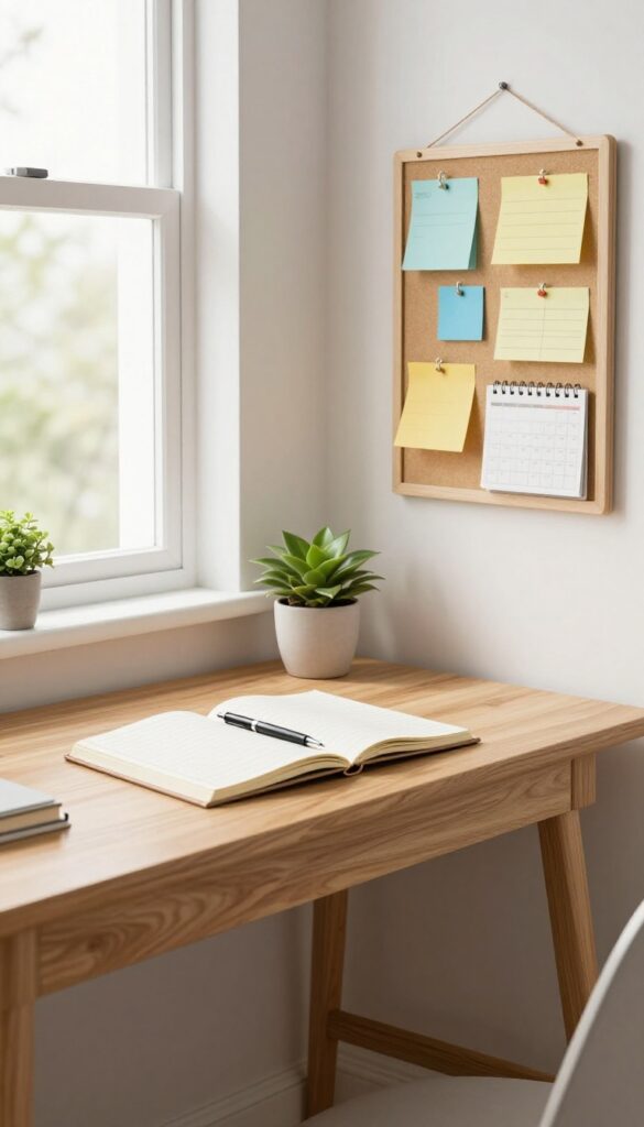 A clean desk with a notebook, pen, plant, and bulletin board in soft natural light