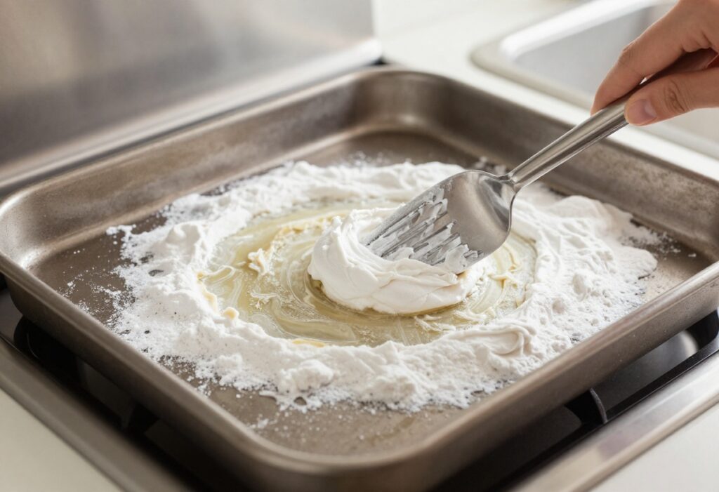 Applying baking soda paste to clean an oven