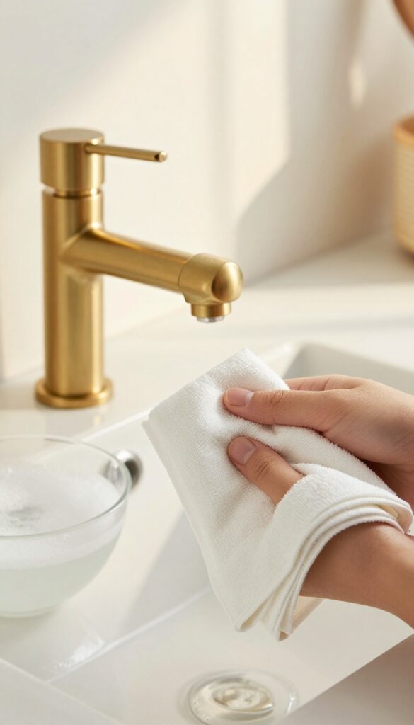 Cleaning a brass faucet with a soft cloth and soapy water in a bright kitchen