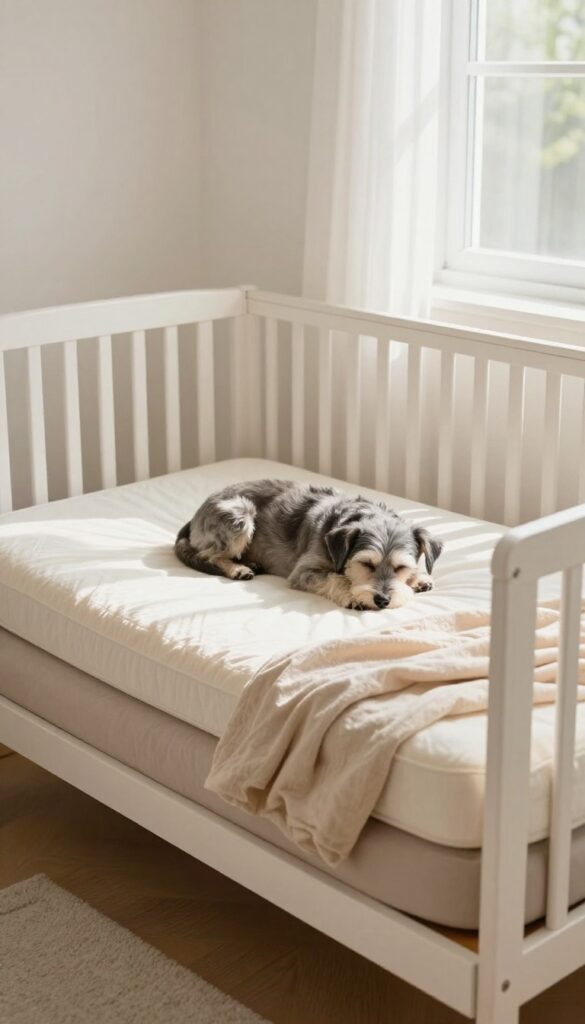 Senior dog sleeping on a layered crib mattress dog bed with waterproof protector and memory foam topper in a sunlit room