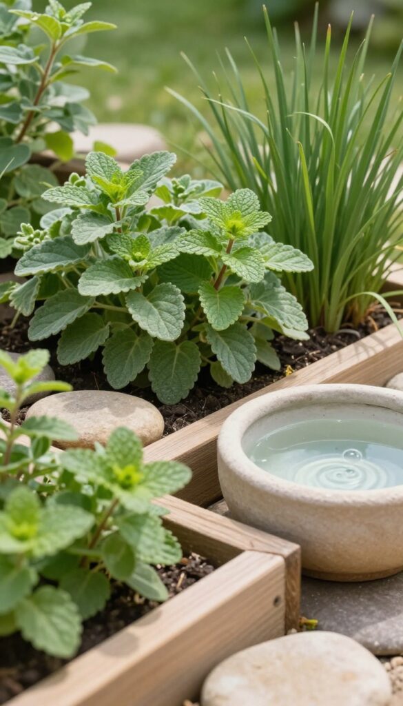 A sensory garden corner for dogs with lamb's ear, mint, grass, stones, and a water dish