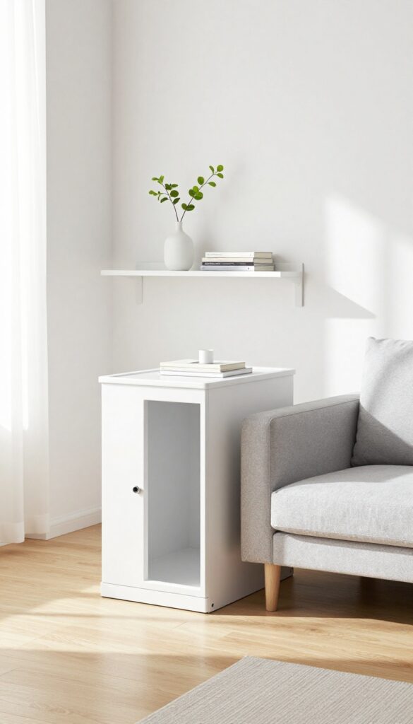 Modern minimalist white dog kennel end table in a bright living room with floating shelf above