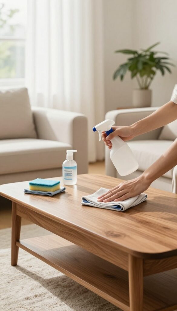 Person cleaning a coffee table during a weekly power hour in a bright, peaceful living room