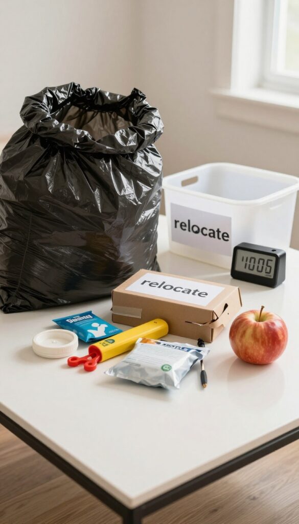 10-minute declutter on a coffee table with timer and sorting bins