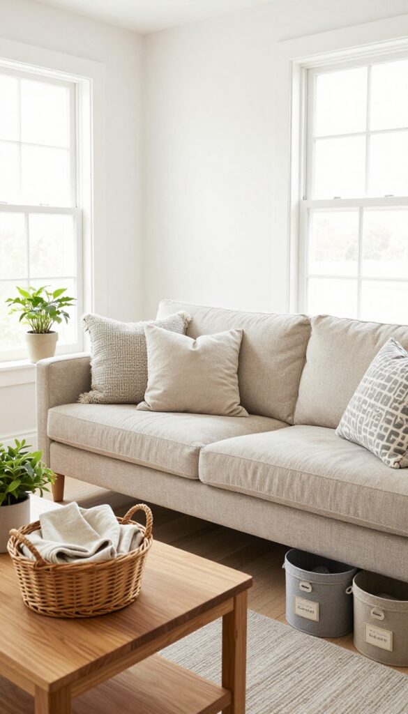 A living room prepared for a seasonal reset, with storage bins, fresh linens, and sunlight creating a clean, organized atmosphere.