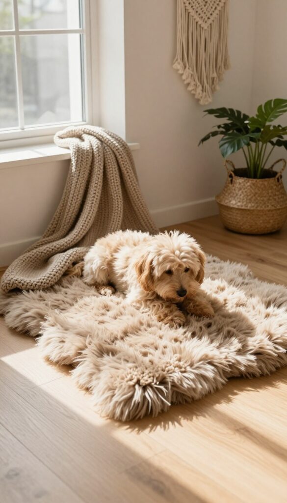 A dog resting on a faux fur mat with a chunky knitted throw draped over one side in a bright boho living room