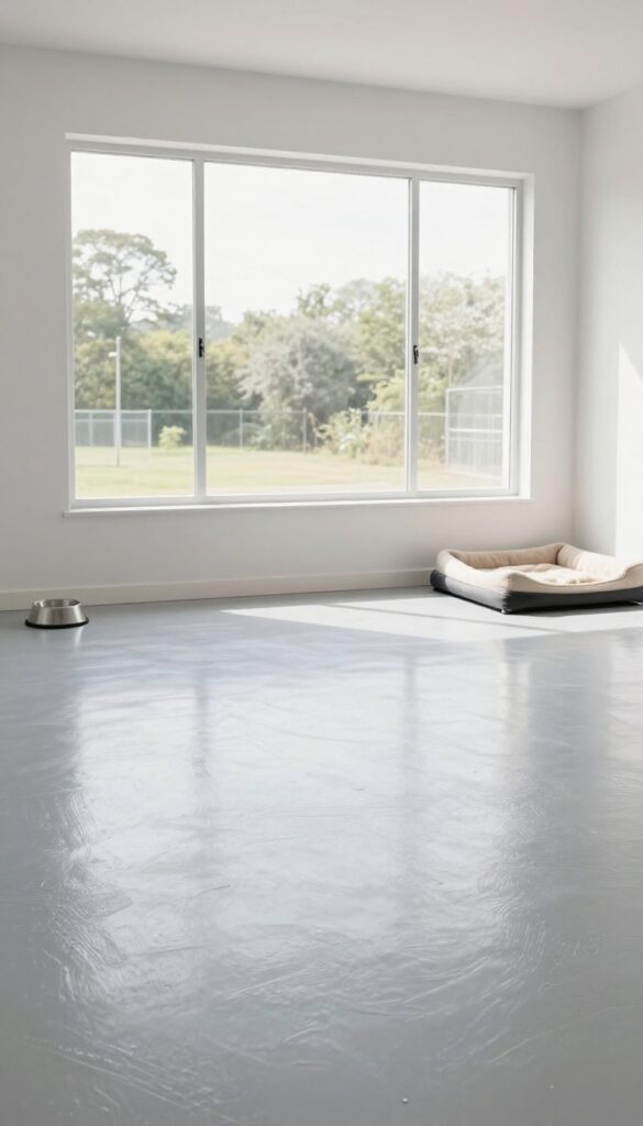 Glossy epoxy flooring in a bright garage dog kennel