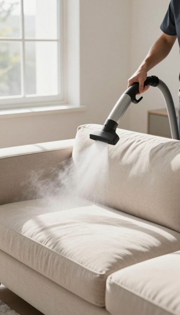 Professional upholstery cleaner using hot water extraction on a fabric couch