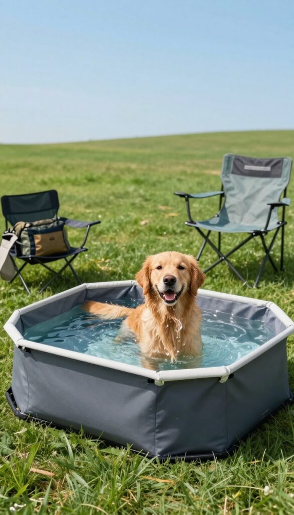 Portable collapsible dog pool on grass with golden retriever splashing, travel bag and chair nearby