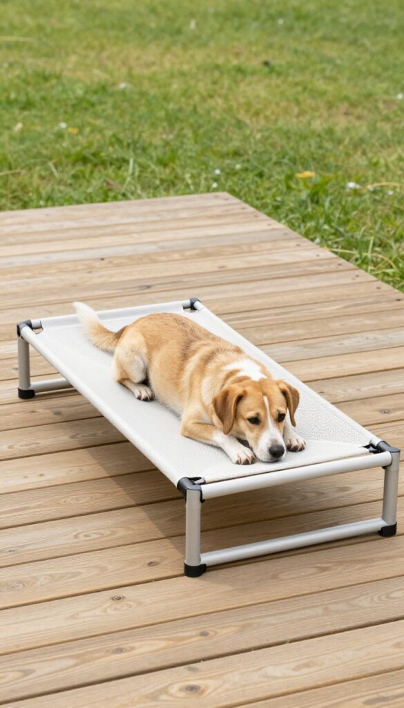 DIY elevated cot-style dog bed with PVC frame and breathable fabric, dog resting on it in a sunny outdoor setting