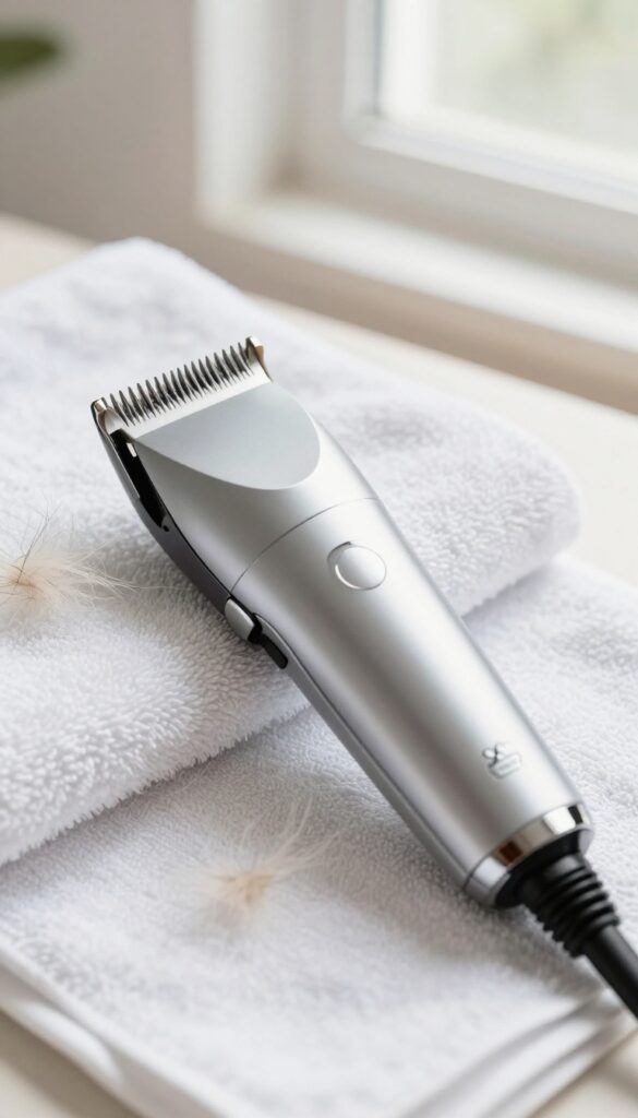 High-quality dog clippers with ceramic blades on a towel in a bright home grooming area