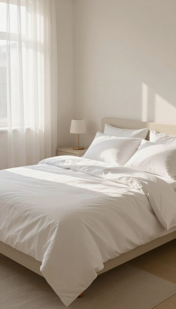Neatly made bed in sunlit bedroom with white linens and pillows