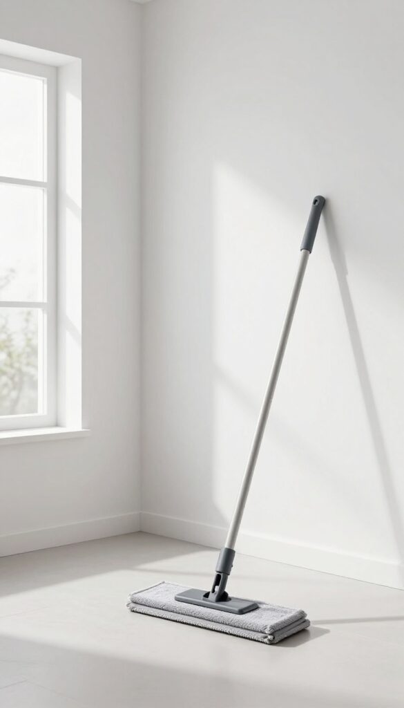 Person dusting a wall with a microfiber mop on an extendable handle in a bright room