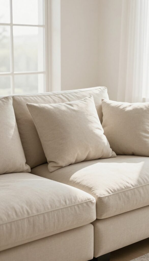 Hands fluffing a microfiber couch cushion in a bright living room, showing plush texture and rotated cushions for even wear.