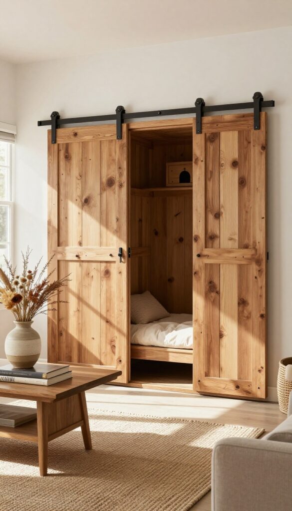 Farmhouse style dog kennel end table with sliding barn door in a bright living room