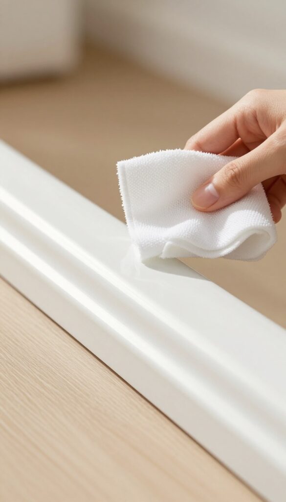 Hand wiping a white baseboard with a dryer sheet for static-free dusting