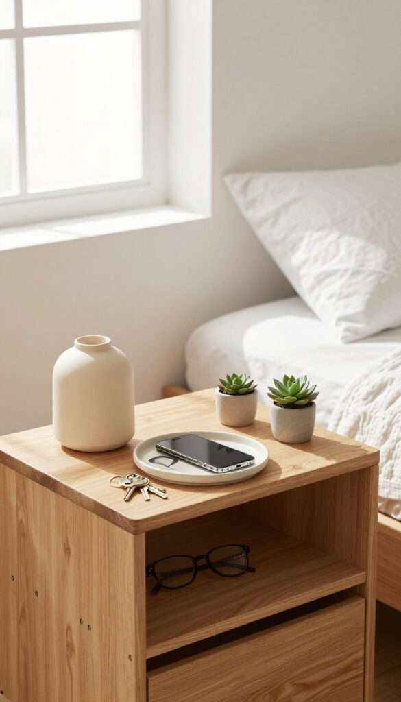 A clean nightstand with a tray for daily essentials, a lamp, and a plant, illustrating the clear surfaces first idea for a clutter-free space.