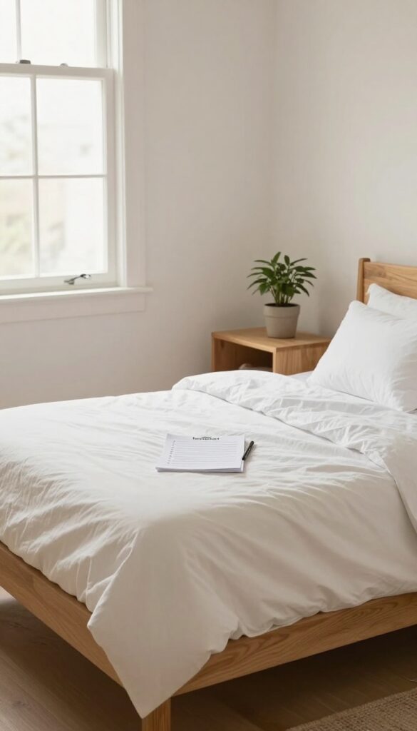 A checklist on a nightstand in a clean, bright bedroom