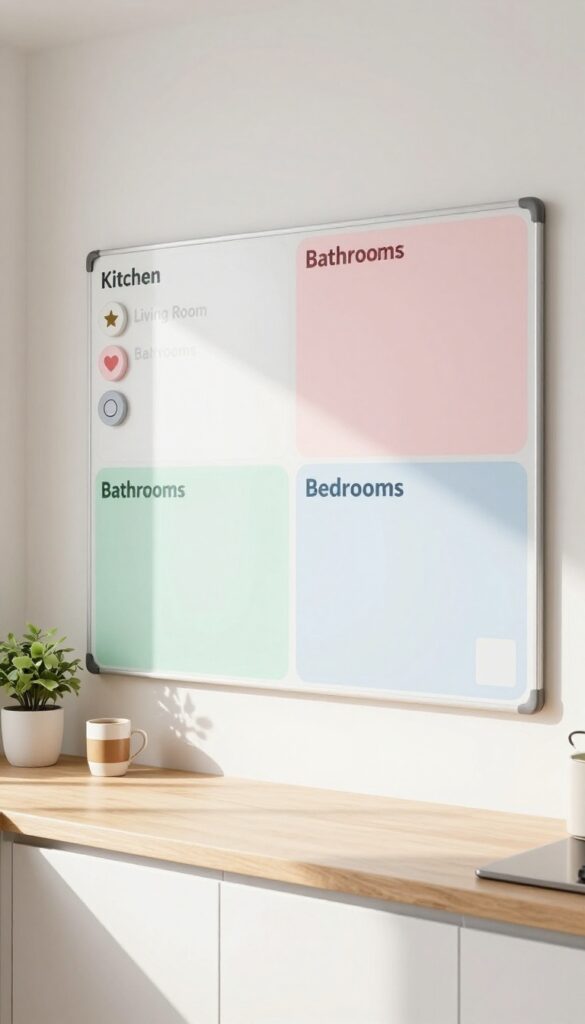 Rotating zone chart on a whiteboard in a bright kitchen with family member magnets