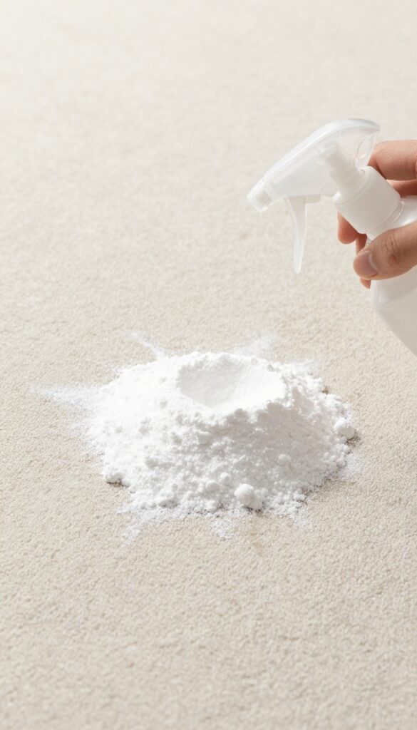 Baking soda and vinegar fizzing on a carpet for odor removal