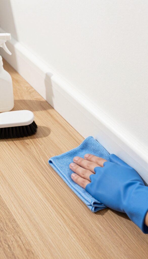 Person scrubbing baseboard with microfiber cloth in bright room