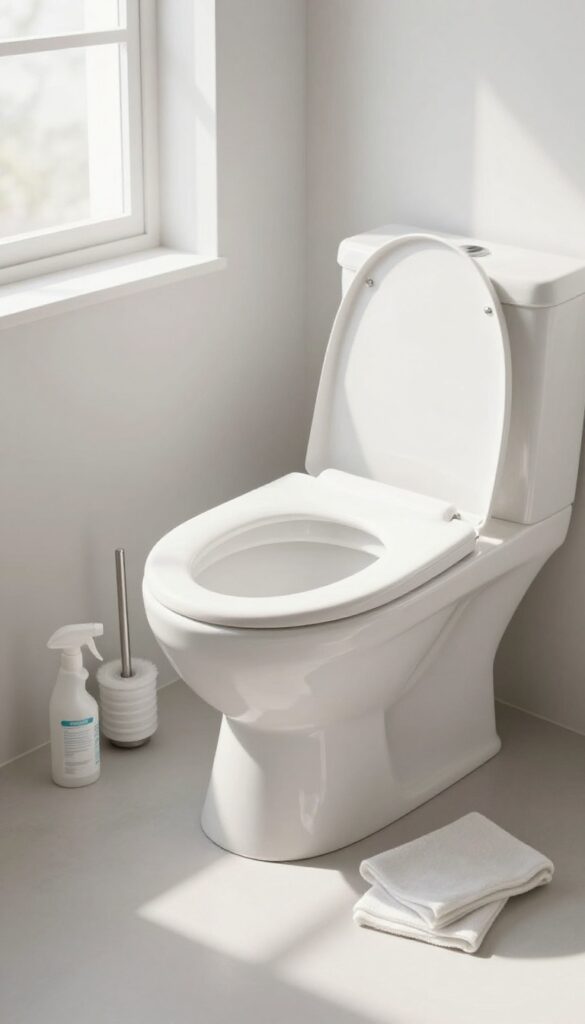 Clean toilet with cleaning supplies in bright bathroom