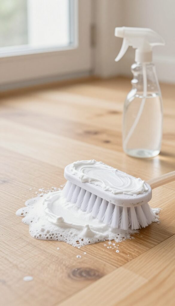 Close-up of a wooden floor with fizzing baking soda and vinegar paste being scrubbed with a brush, natural light, clean composition.