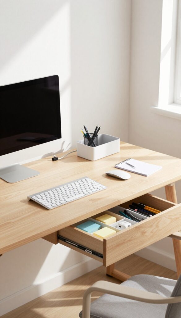 Clean organized home office desk with minimal items and tidy drawers