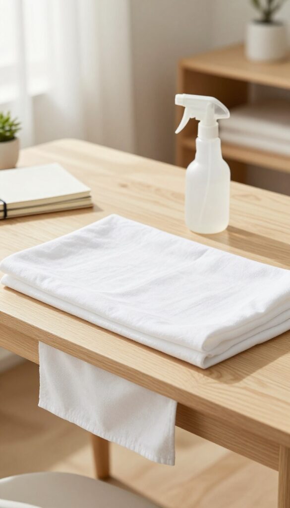 Clean wooden desk surface with cleaning cloth and spray bottle, bright natural light, minimal decor