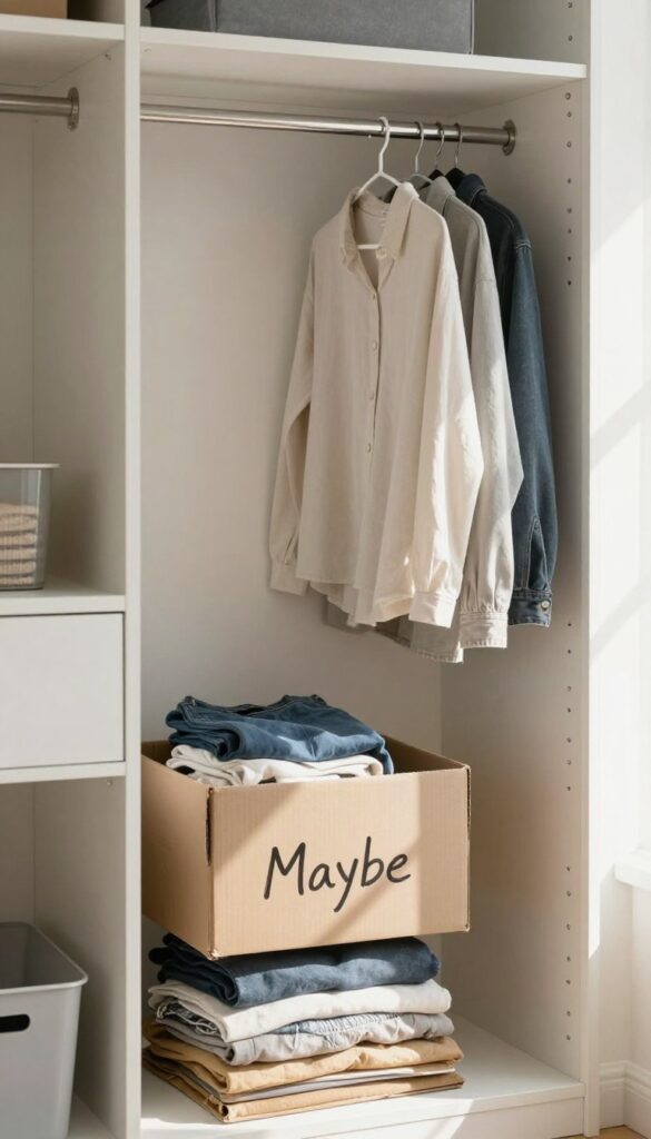 A cardboard maybe box on a closet shelf with clothes inside, natural light, organized closet
