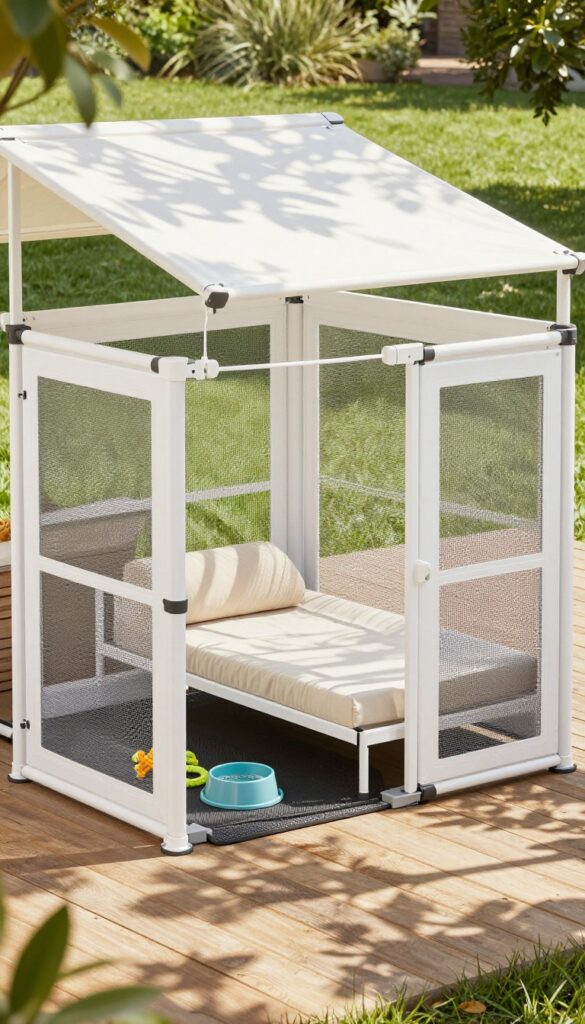 Covered patio corner dog run with baby gate, cot bed, water bowl, and toys on rubber mat