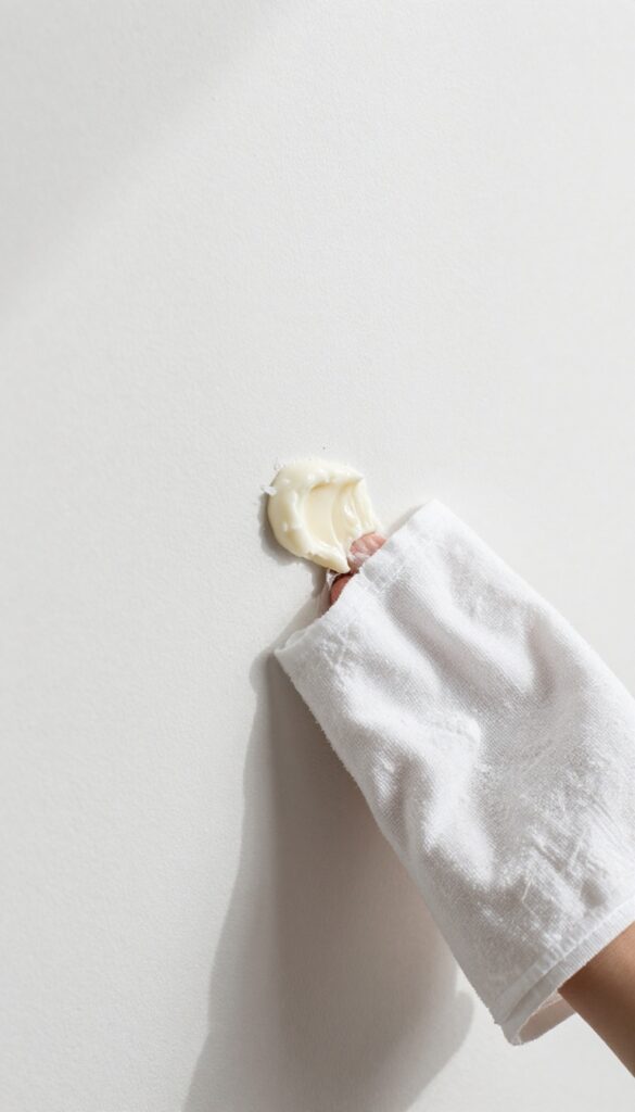 Applying baking soda and coconut oil paste to remove sticky residue from a white painted wall