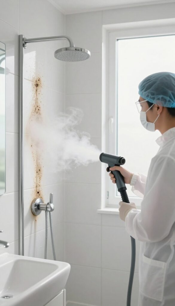Professional cleaner using steam cleaner on moldy shower grout