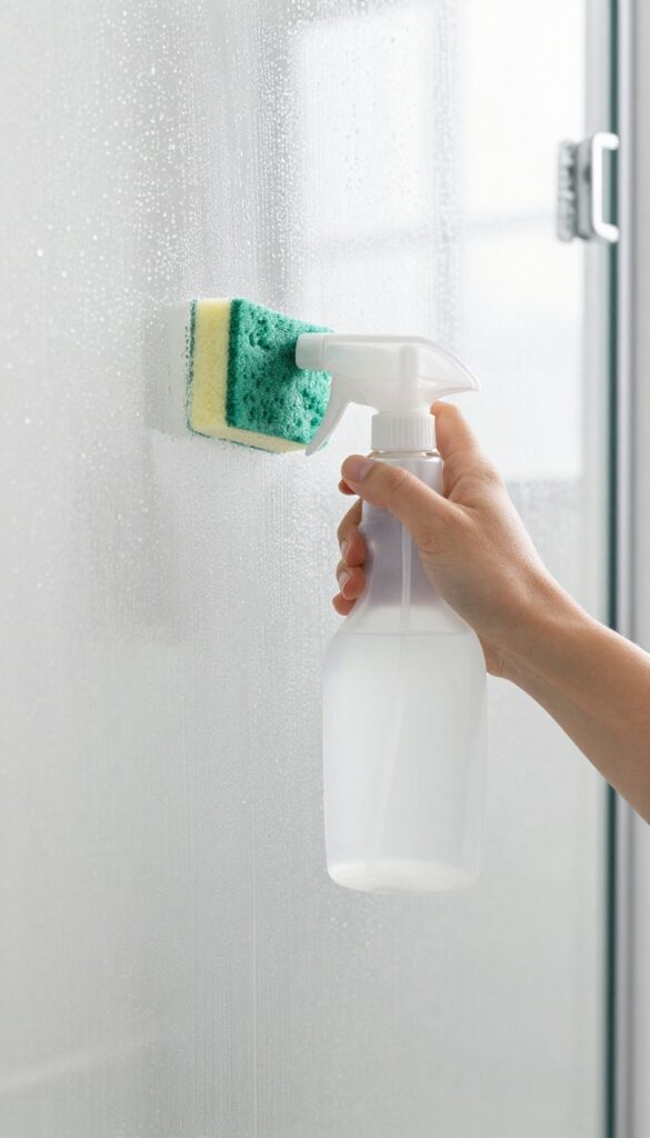 Spraying vinegar and dish soap solution on a glass shower door for streak-free shine