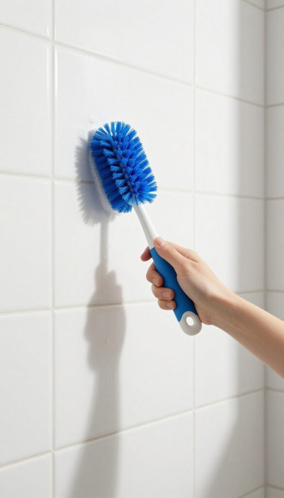 Person using a long-handled scrub brush to clean shower tiles while standing upright