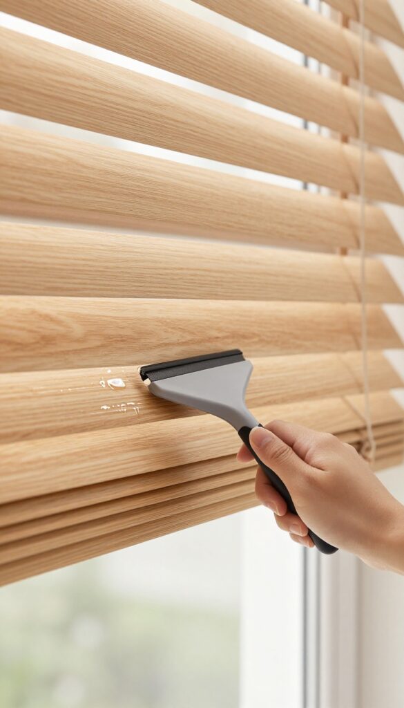Hand using a squeegee on horizontal blinds for a streak-free shine