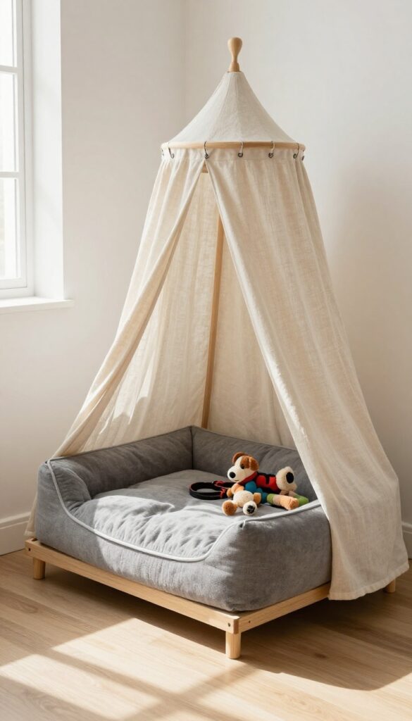Dog canopy bed with built-in storage ottoman in a cozy living room