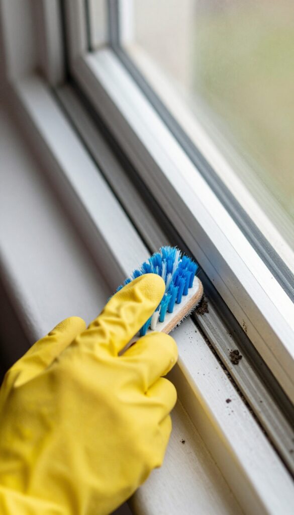 Cleaning window track with an old toothbrush