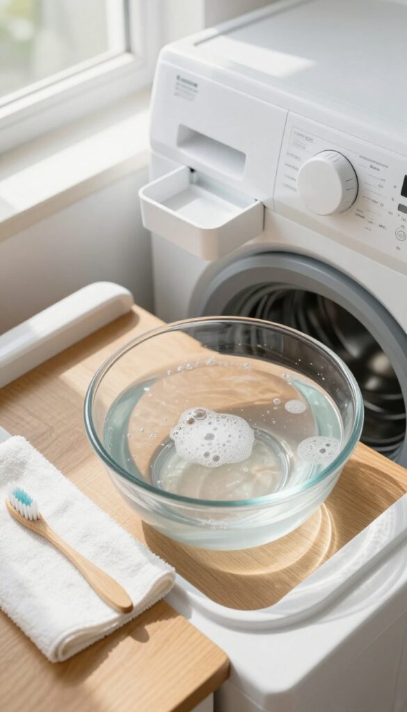 Detergent dispenser tray soaking in hot soapy water with a toothbrush and microfiber cloth nearby on a wooden table