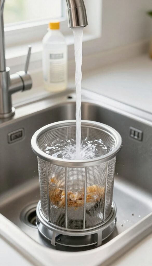 Close-up of a clean dishwasher filter being rinsed under hot water in a kitchen sink, with a bottle of vinegar nearby.